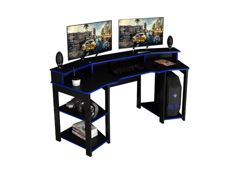 Mesa Gamer Cockpit 3 Prateleiras ME4167 Preto Azul Tecno Mobili
