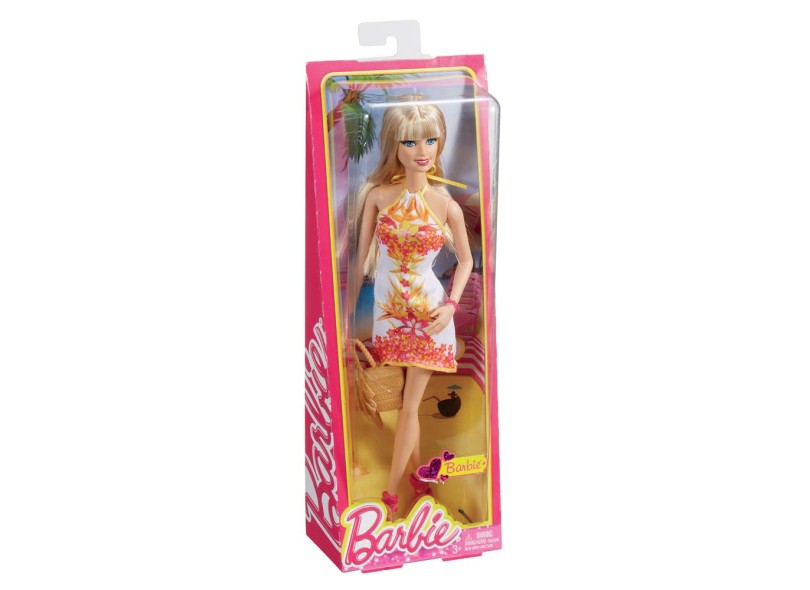 Boneca Barbie Vestido Amarelo e Branco Mattel
