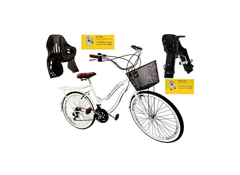 Bicicleta aro 26 com 2 cadeirinhas 18 marchas cesta Branco