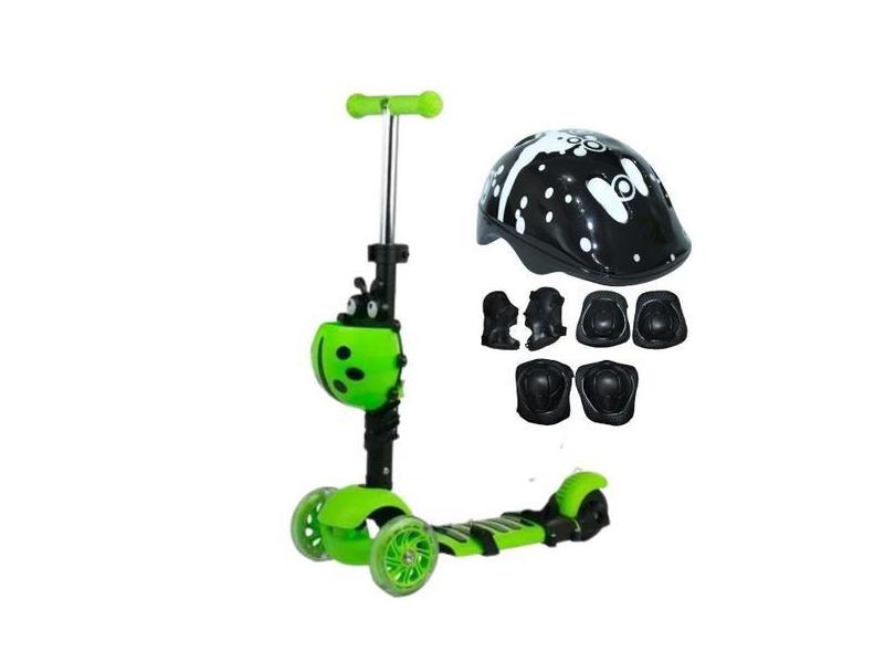 Patinete Infantil 3Em1 Joaninha Verde Cesto E Kit Capacete - Elite