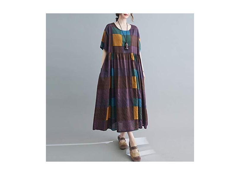 ugger Vestido feminino de algodão e linho com estampa xadrez vintage O ...