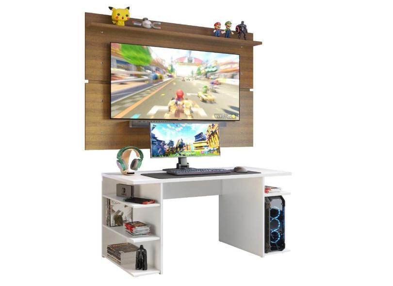 Mesa Gamer Madesa 9409 e Painel para TV até 65 Polegadas - Branco/Rustic