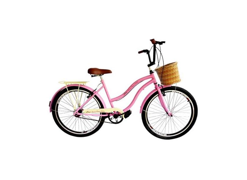 Maria Clara Bikes, Bicicleta feminina aro 26 com cesta tipo vime s/marcha rosa