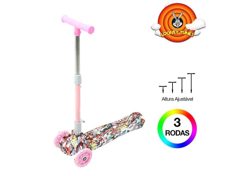 Patinete Infantil Looney Tunes Três Rodas para Meninas Rosa