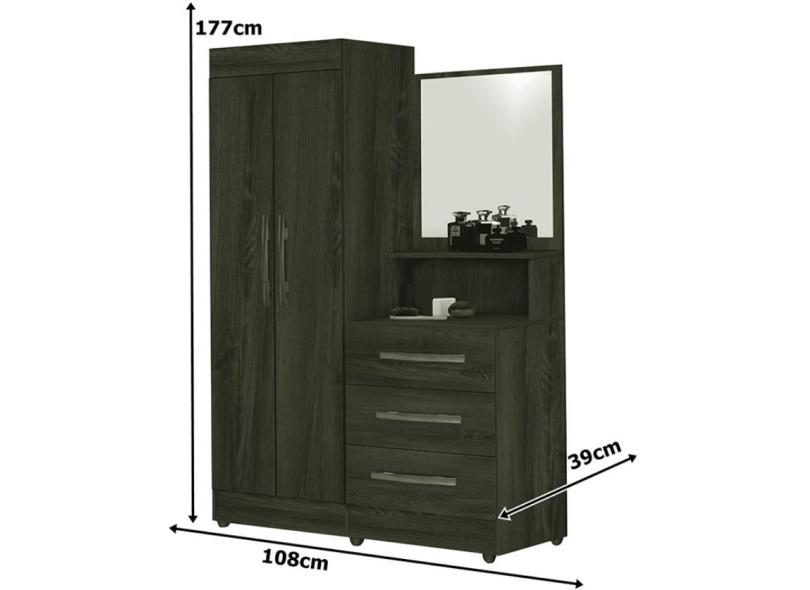 Guarda-Roupa Solteiro 2 Portas 3 Gavetas com Espelho Onix luxo Móveis Primus