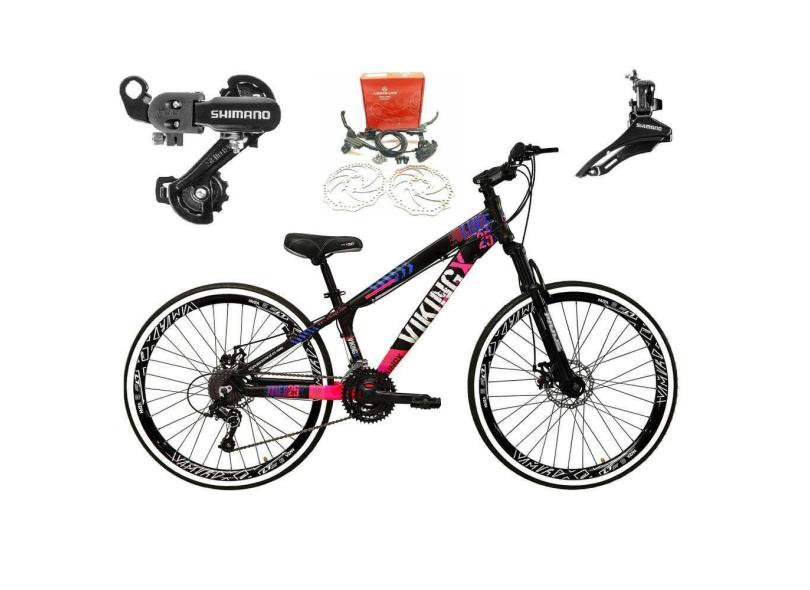 Bicicleta Aro 26 Vikingx Tuff 21v Alumínio Câmbios Shimano Freio a Disco Hidráulicos Aros Vmaxx Preto - Preto\Rosa X25