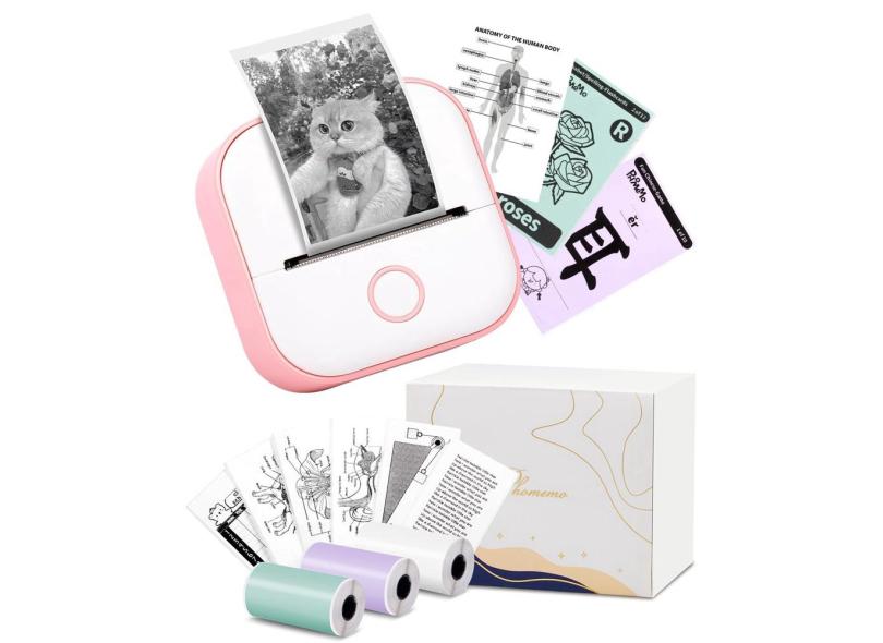 Impressora de adesivos Memoking Mini T02 térmica para telefone rosa