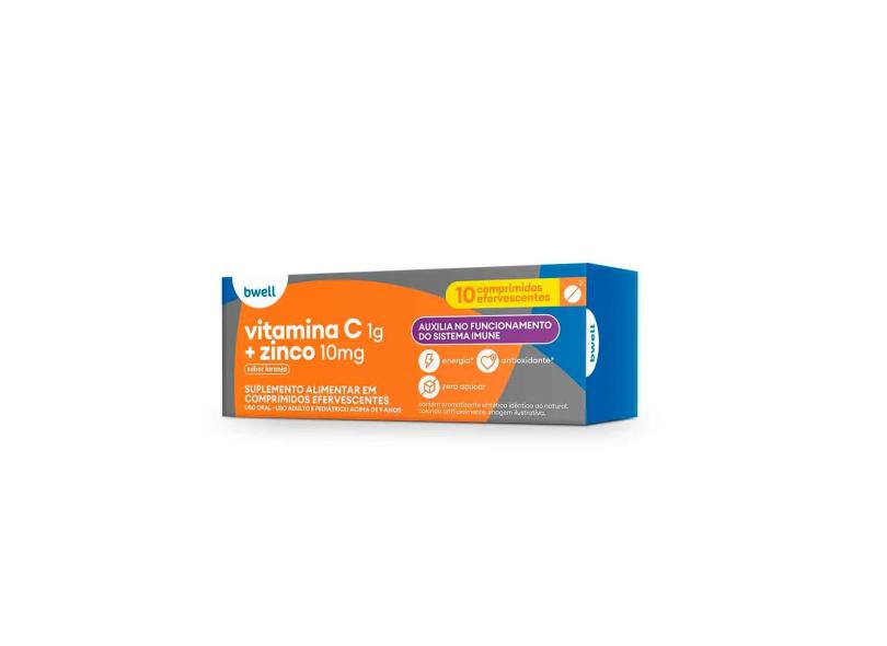 Vitamina C Efervescente 1G + Zinco 10Mg Bwell Sabor Laranja 10 Comprimidos