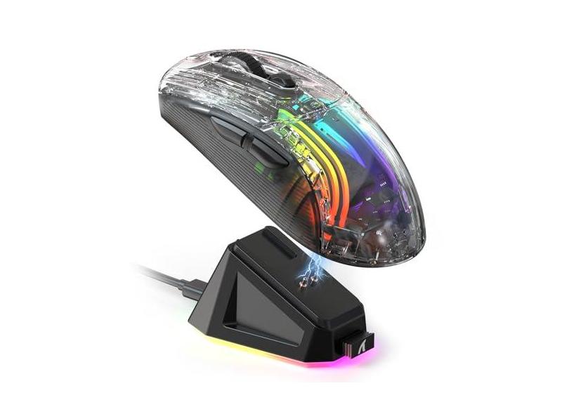 ATTACK SHARK Mouse para jogos X2 Pro sem fio com base de carregamento RGB, mouse para jogos de PC Tri-Mode 2.4G/Bluetooth/com fio, mouse sem ruído RGB retroiluminado, capa transparente, PixArt 3212