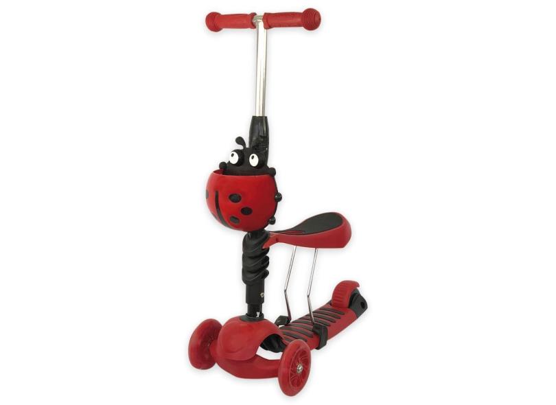 Patinete Infantil Vermelho Com 3 Rodas Joaninha 2 Em 1 Luz