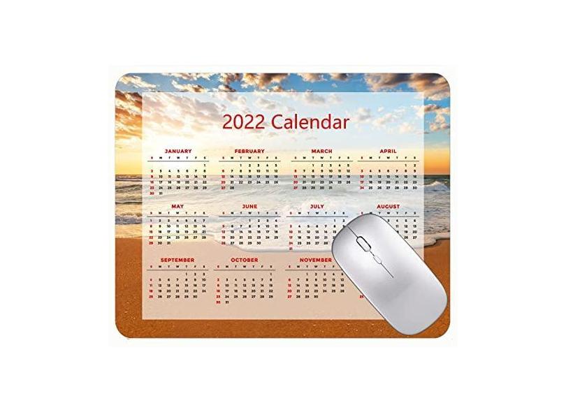 Mouse pad com calendário 2022 com feriados, mouse pad de borracha para pôr do sol e praia