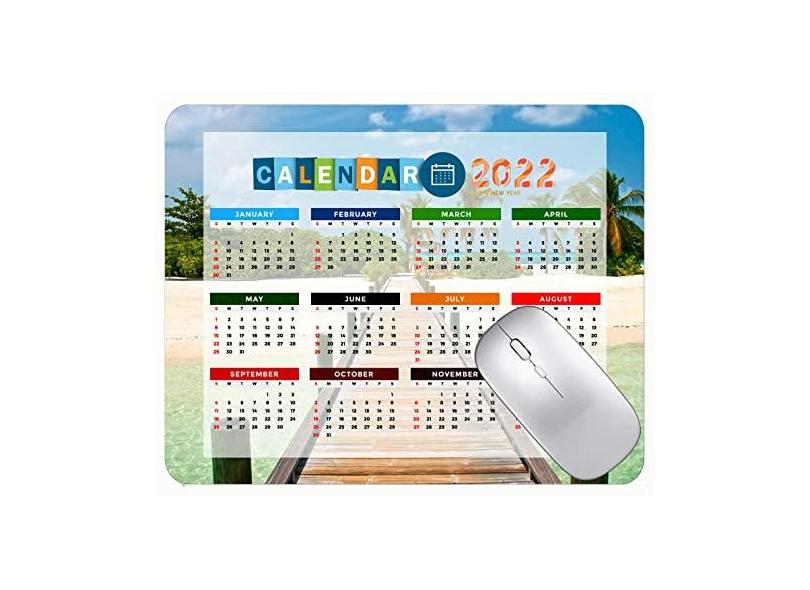 Mouse pad calendário 2022 com bordas costuradas, tapete preto para jogos, praia, mar, espuma, céu