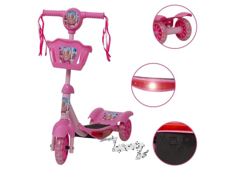 Patinete Infantil Barbie Musical Cesto Luzes Para Crianças