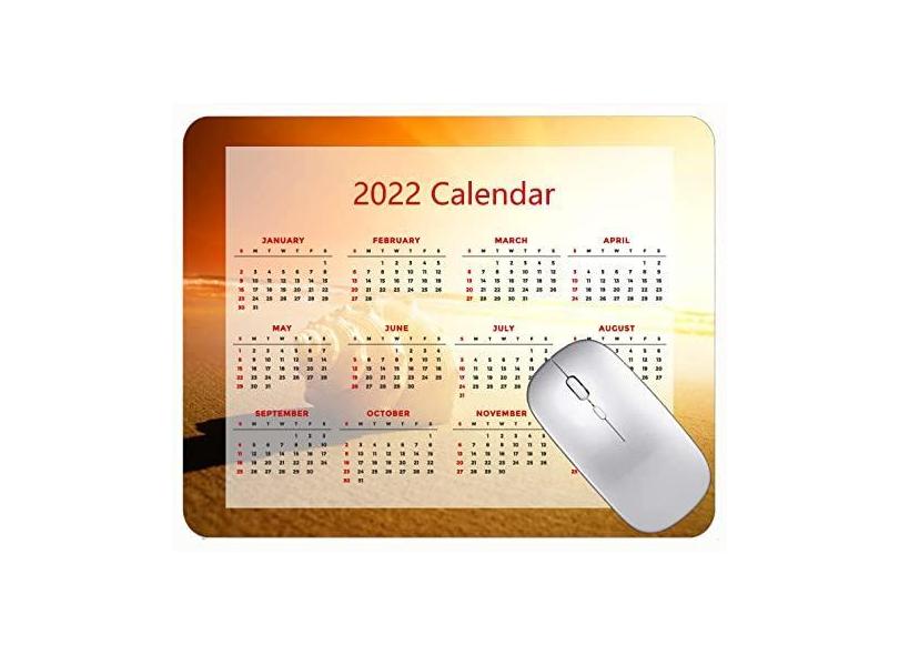 Mouse pad 2022 Calendário com feriados, tapete de mouse para jogos Seashell Sands Sunshine Glare com bordas costuradas