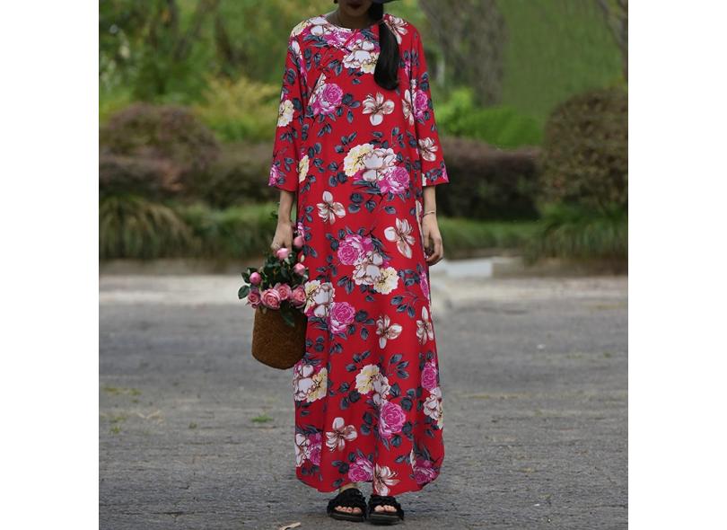 Zanzea feminino manga 3/4 plus size casual solto longo vestido kaftan robes  florais vestidos maxi S com o Melhor Preço é no Zoom