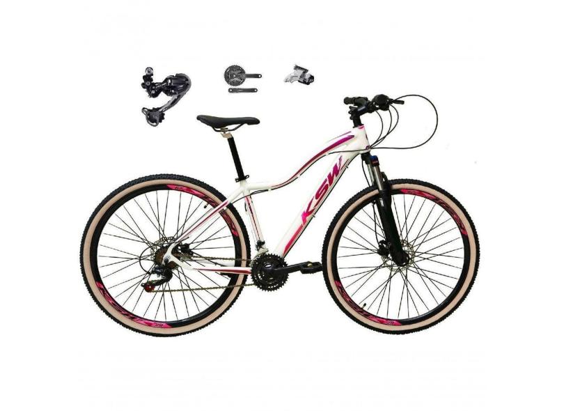 Bicicleta Feminina Aro 29 Ksw Mwza Deore E Altus 27v Hidráulico Garfo Trava Faixa Bege - Branco/pink/violeta Tam.17