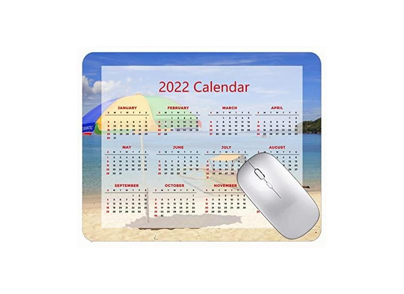 Mouse pad com calendário 2022 com feriados, tapete de mouse para jogos Sea Beach Tropical Boat com bordas costuradas