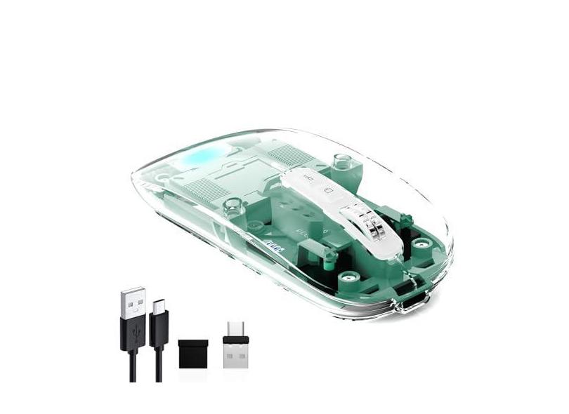 Mouse transparente sem fio para computador, recarga de mouse Bluetooth, exibição de energia, DPI, atalho, Bluetooth 5.1 (BT1 + BT2) + receptor 2 em 1 de 2,4 GHz (USB + USB-C) - compatível com