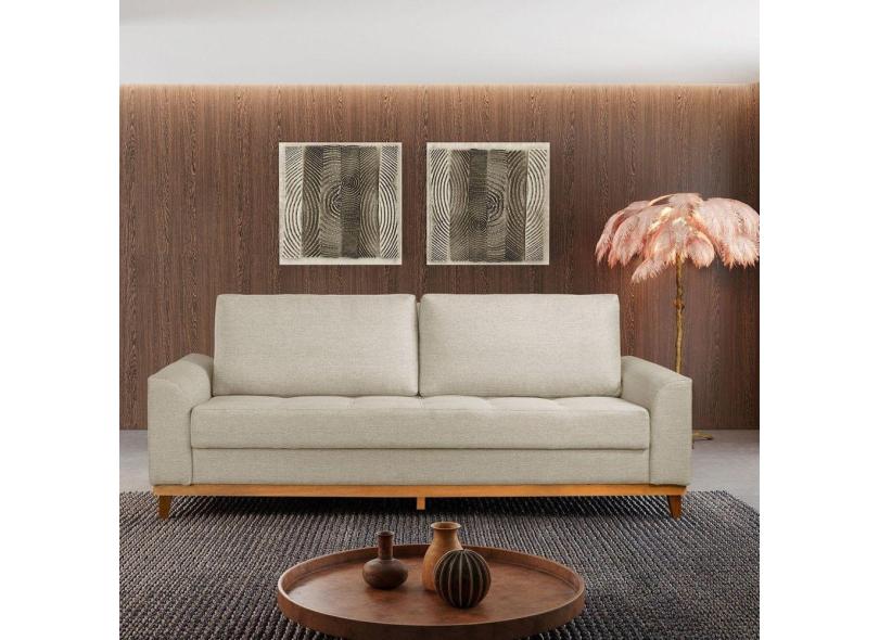 sofá cama retrátil 3 lugares 224cm linho palha