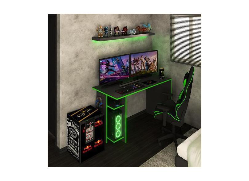 Mesa Gamer Vênus 2 Prateleiras Preto Fosco/Verde - Panorama Móveis