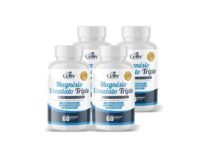Kit Com 4 Magnésio Dimalato Triplo (Dimalato, Quelato e Cloreto de Magnésio P.A) 60 Caps Celliv