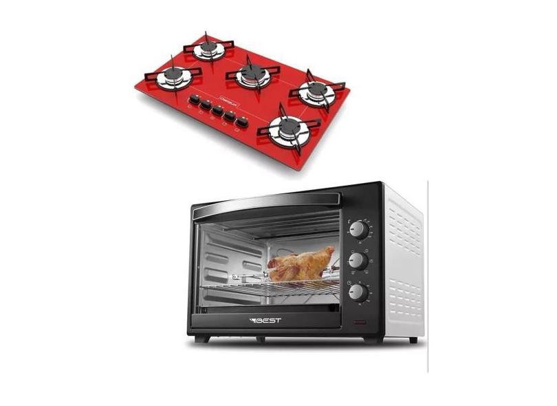Fogão Cooktop 5 Bocas Vermelho + Forno De Eletrico 60 Litros - CHAMALU