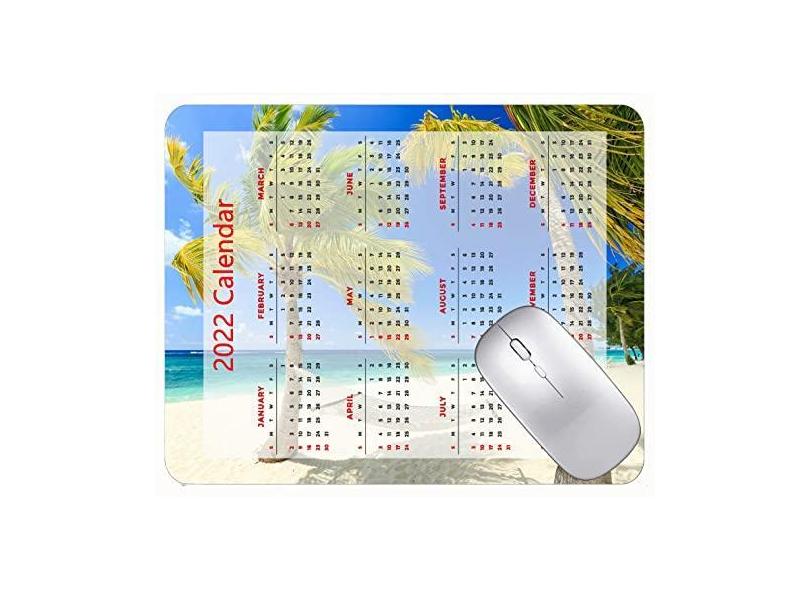 Mouse pad com calendário 2022 com bordas costuradas, preto, para jogos, tropical, paraíso mar, praia, com bordas costuradas