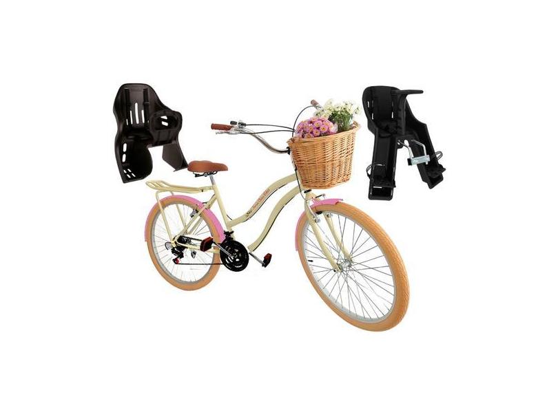 Bicicleta aro 26 com vime 18 Marchas 2 Cadeirinhas Bege rsa - Maria Cl