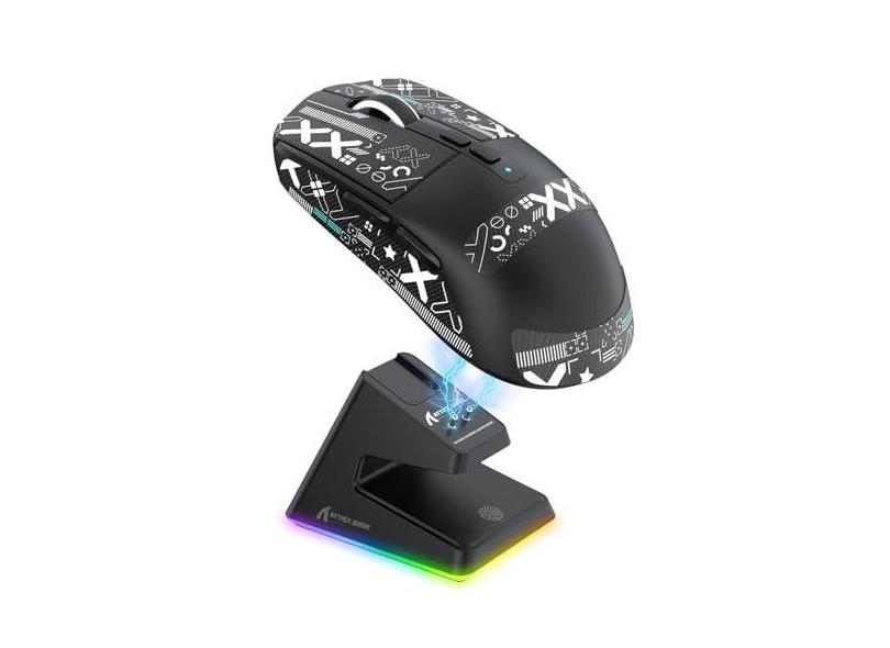 MANBASNAKE X6 Superlight Mouse para jogos sem fio com base de carregamento RGB magnética, mouse ultraleve de 49 g PixArt PAW3395, 26000DPI, Tri-Mode 2.4G/USB-C com fio/mouse Bluetooth, fita adesiva