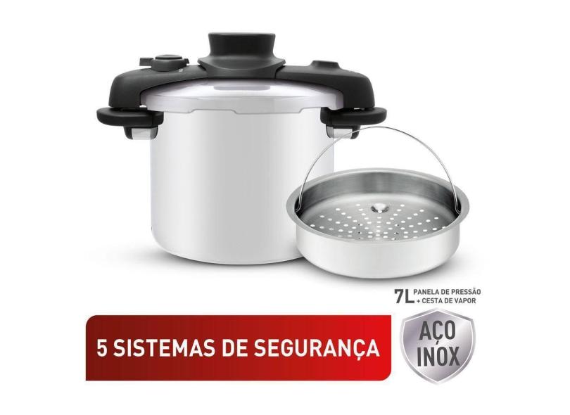 Panela de Pressão 7L Tefal  Opti`Space em Inox com Fundo Triplo e Cesto de Vapor