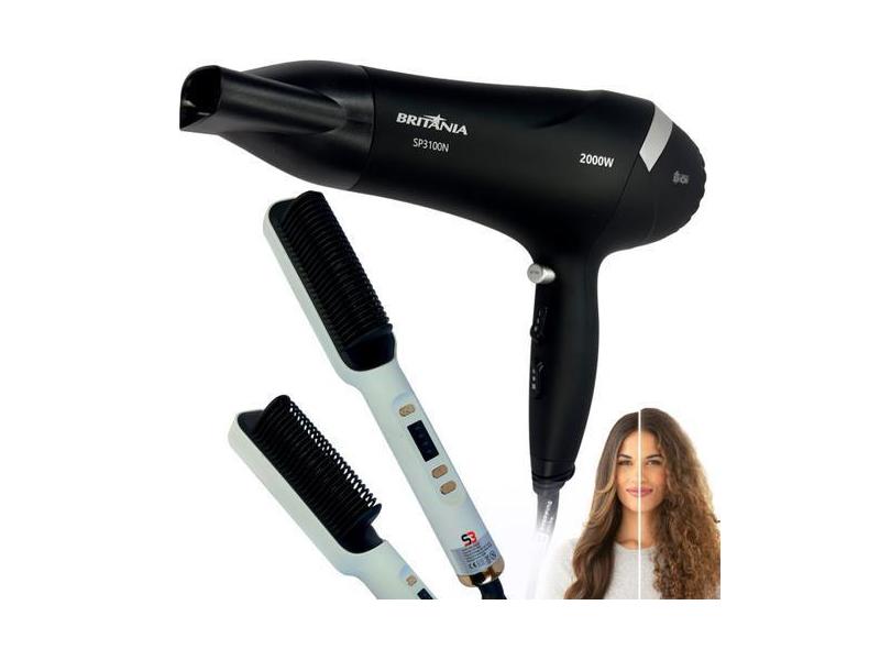 Secador De Cabelo Britânia 2000W E Escova Alisadora 230ºc