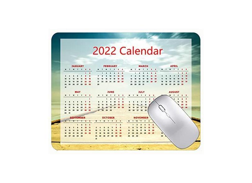 Mouse pad para jogos com calendário 2022, ponte do mar, praia, céu, base de borracha antiderrapante