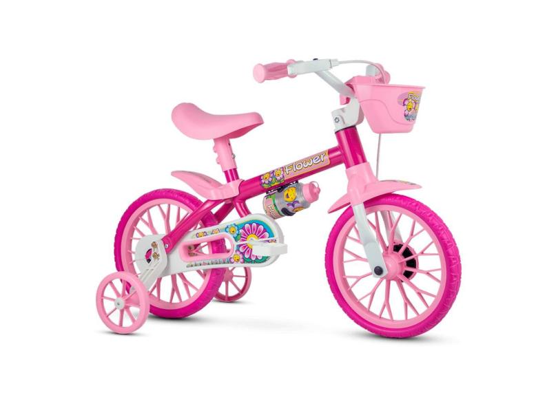 Bicicleta Infantil Aro 12 Com Rodinhas Bike Criança Menina Flower Nathor Rosa