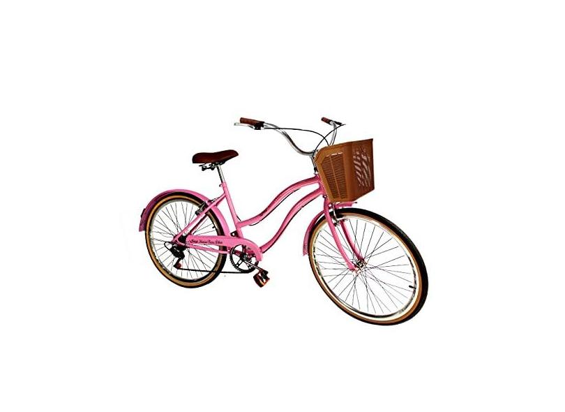 Bicicleta aro 26 retrô com cesta plástica 6 marchas rosa