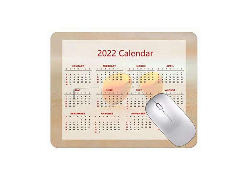 Mouse pad 2022 Calendário com feriados, óculos de sol, praia, areia para escritório