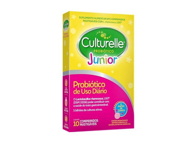 Culturelle Probiótico Júnior, Com Lactobacilos, Sem Glúten, Sem Lactose, Para Crianças a partir de 3 anos, Sabor Frutas Vermelhas, 10 Comprimidos Mastigáveis