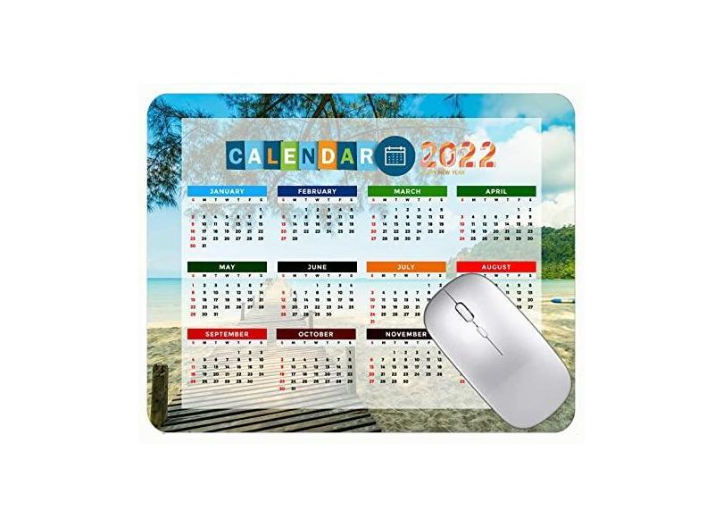 Mouse pad para jogos com calendário 2022, mouse pad para jogos, cadeiras de praia e mar, tapete para jogos, com bordas costuradas