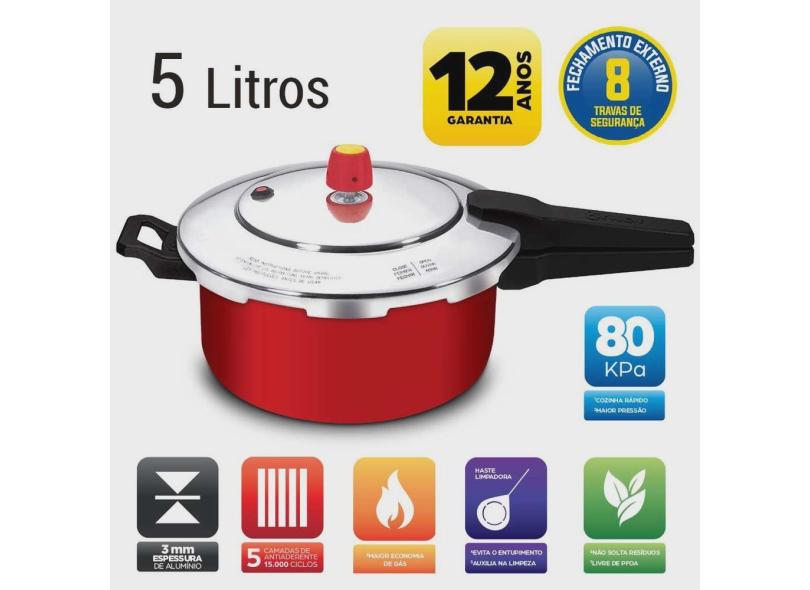 Panela de Pressão 5 Litros Fechamento Externo e Antiaderente Vermelha New Line Eirilar