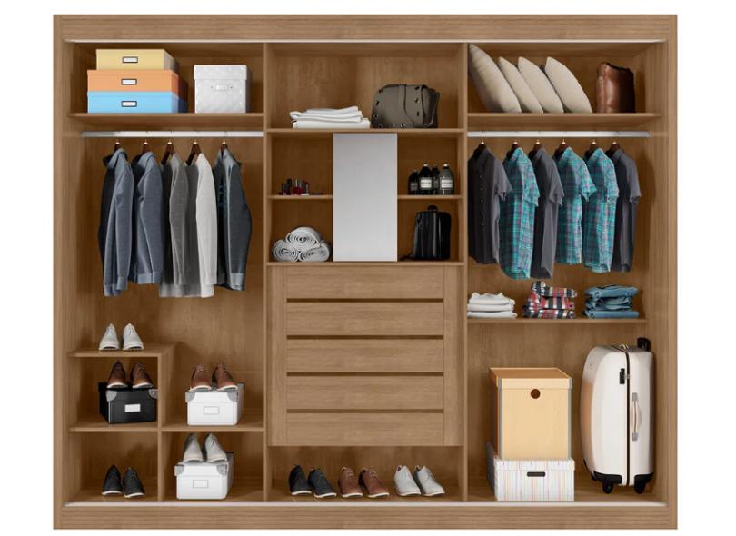 Guarda-Roupa Casal 3 Portas 5 Gavetas com Espelho Milão com Pés Móveis Lanza