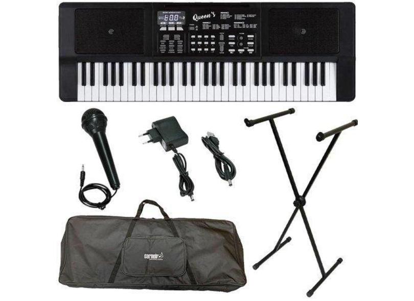 Teclado Iniciante Queens 61 Teclas + Microfone Capa Estante