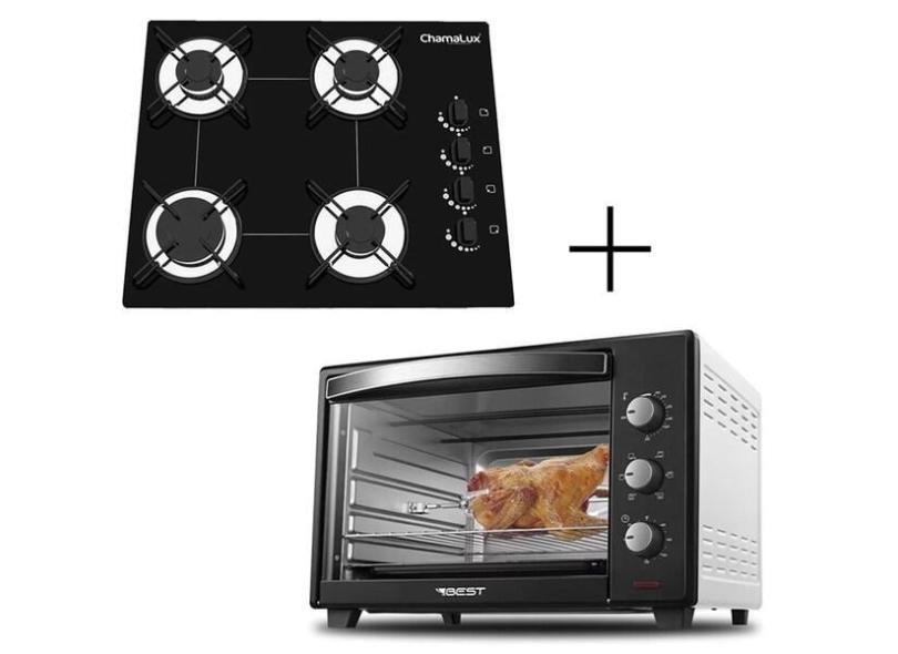 Fog o Cooktop 4 Bocas Preto + Forno De Eletrico 60 Litros 127v