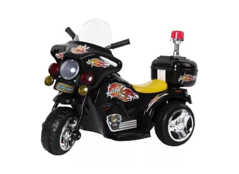 Mini Moto Eletrica Infantil Preta Triciclo Policia Luzes Som