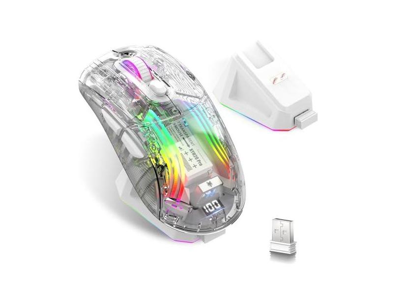 Mouse para jogos sem fio com mecânico RGB transparente, Tri-Mode 2,4 GHz/Bluetooth/mouse com fio, base de carregamento, monitor digital, mouse silencioso, 7 botões, mouse de computador para jogos e