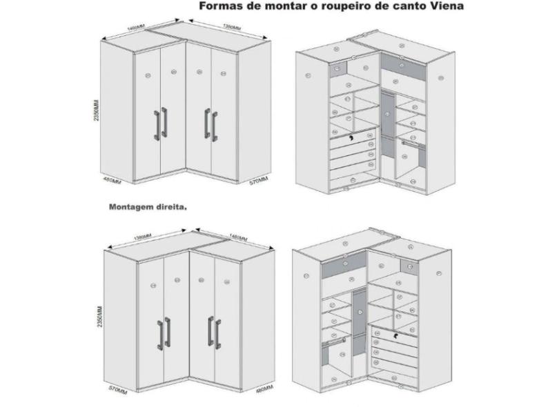 Guarda-Roupa de Canto 4 Portas 4 Gavetas com Espelho Viena Móveis Europa