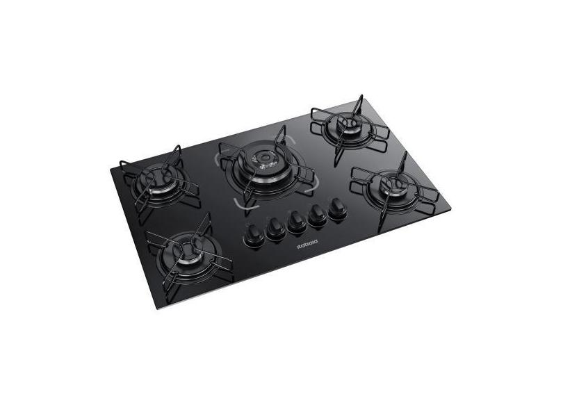 Cooktop 5 Bocas Preto Tripla Chama a Gás em Aço Inox e Mesa Vidro Temp