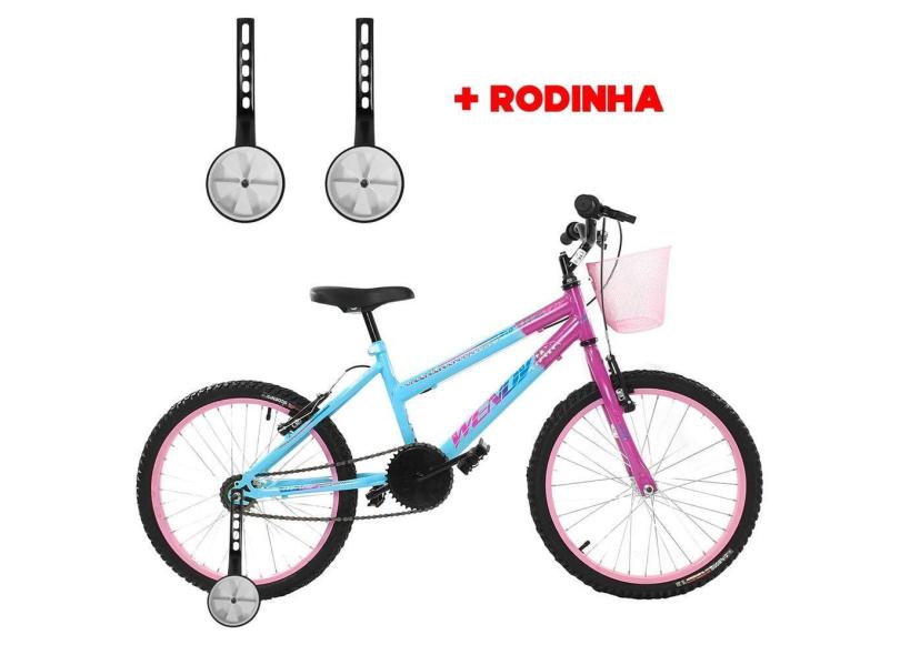 Bicicleta Infantil Aro 20 Feminina Com Rodinha Lateral e Cesta Freios V-Brake Wendy Para Meninas Azul Rosa