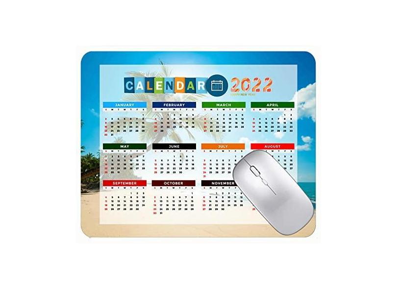 Mouse pad com calendário 2022 com bordas costuradas preto para jogos, Grécia, azul, mar, praia, tapete para jogos