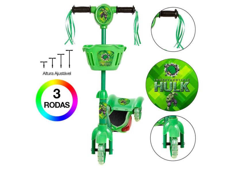 Patinete Infantil Incrível Hulk C Led e Som Verde Cestinha