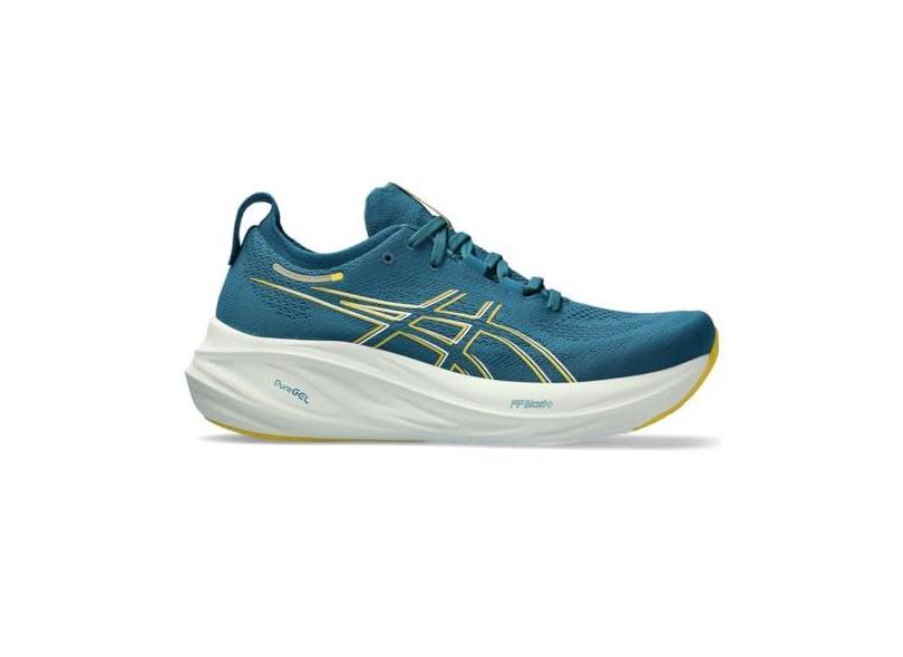 ASICS Tênis de corrida masculino GEL-NIMBUS 26, Azul-petróleo/mostarda clara, 41