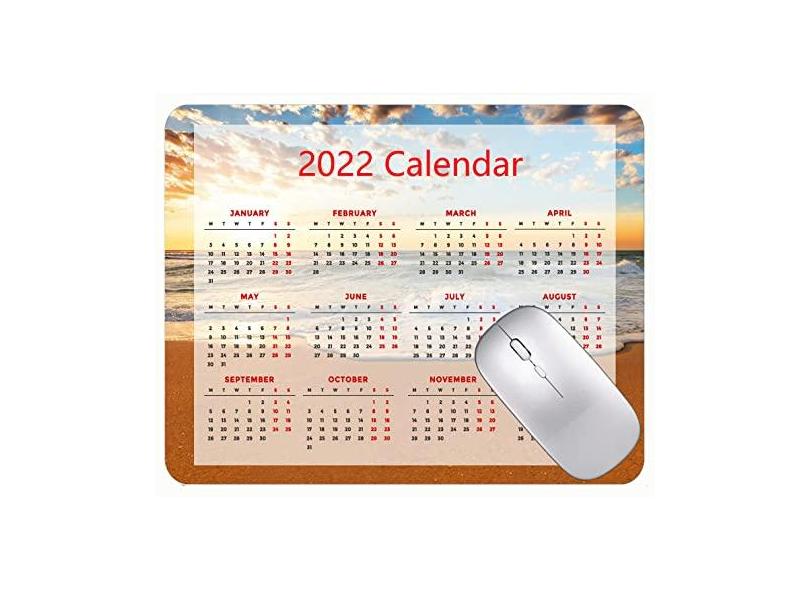 Mouse pad para jogos com calendário 2022, mouse pad para jogos, pôr do sol, praia, areias e ondas com bordas costuradas